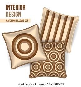Set of 3 matching decorative pillows for interior design (brown geometric pattern). Vector illustration.