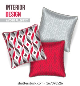 Set of 3 matching decorative pillows for interior design (red ribbon pattern). Vector illustration.