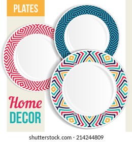 Set of 3 matching decorative plates for interior design - geometric pattern with colorful crazy lines. Vector illustration.