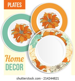 Set of 3 matching decorative plates for interior design - orange flower. Vector illustration.