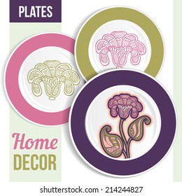 Set of 3 matching decorative plates for interior design - pink flower. Vector illustration.