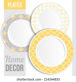 Set of 3 matching decorative plates for interior design - yellow and grey moroccan patterns. Vector illustration.