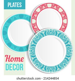 Set of 3 matching decorative plates for interior design - turquoise and red border. Vector illustration.