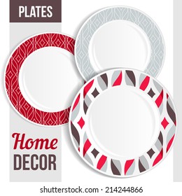 Set of 3 matching decorative plates for interior design - red and grey abstract pattern. Vector illustration.