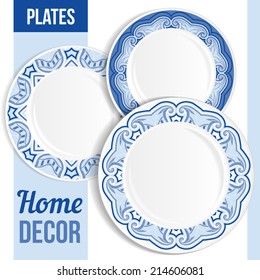 Set of 3 matching decorative plates for interior design - blue floral. Vector illustration.