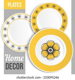 Set of 3 matching decorative plates for interior design - orange flower. Vector illustration.