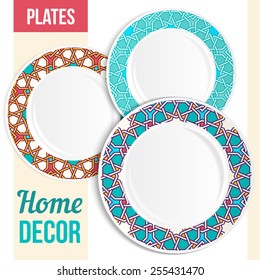 Set of 3 matching decorative plates for interior design - abstract pattern.  Vector illustration.