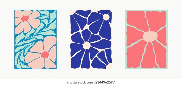 Set of 3 Matisse Posters Abstract floral art, aesthetic modern art, boho decor, minimalist art, illustration, vector, poster, postcard. Collection for decoration.