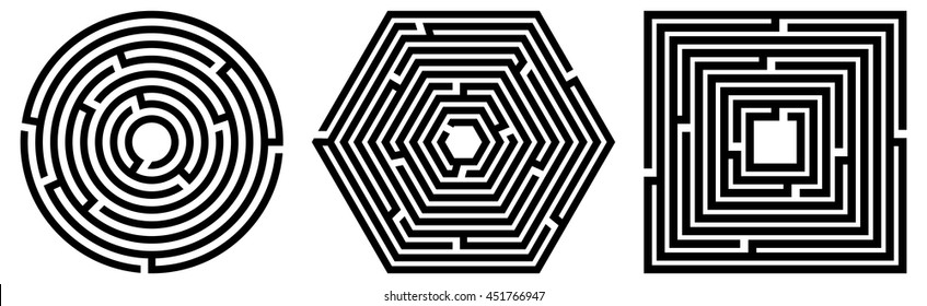 Set of 3 maze / labyrinth on white background. Vector illustration of educational kids game, for children books and leisure. With solution.