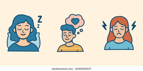 Conjunto de 3 estados mentais: ícones de pessoa sonolenta, amada e estressada para conscientização da saúde mental, visuais de terapia e expressão emocional