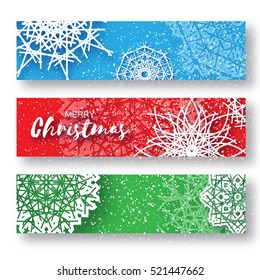 Set of 3 Merry Christmas banner with origami white snowflake.