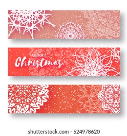 Set of 3 Merry Christmas banner with origami white snowflake.