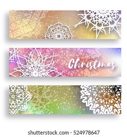 Set of 3 Merry Christmas banner with origami white snowflake.