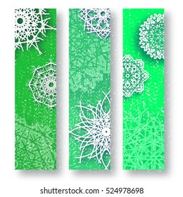 Set of 3 Merry Christmas banner with origami white snowflake.