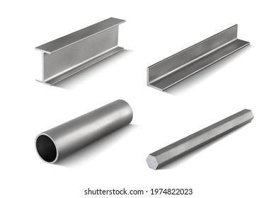 Set 3 of metal parts for metal structures. 3d vector illustration