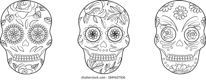 Set of 3 mexican skulls in tattoo graphic style. Outline day of the dead illustration for coloring page or decoration, any design ideas