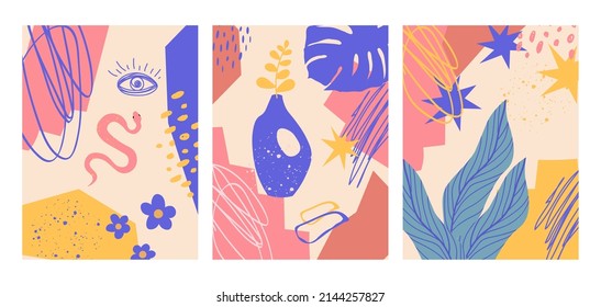 Set of 3 Mid Century Modern Art posters for home decor, invitation, greeting card designs. Abstract minimalist illustrations with hand drawn design elements, plants, geometric shapes.