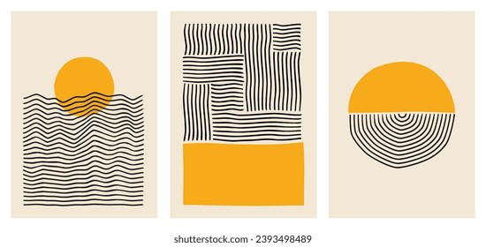 Set of 3, Mid-century abstract contemporary aesthetic background. Orange Wall Art. Black Lines Art. Poster with geometric balance shapes. Abstract Art Design. Vector illustration.