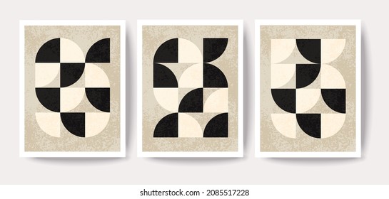 Conjunto de 3 tarjetas o afiches geométricos mínimos, plantilla vectorial con elementos de formas primitivas
