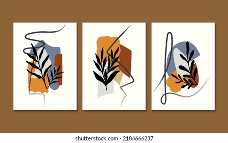 Juego de 3 póster de arte mural minimalista con flores de hojas sobre alfarería y formas abstractas