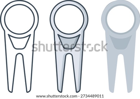 Set of 3 minimalist outline and flat golf divot repair tool icons for sports equipment catalog and mobile app interface