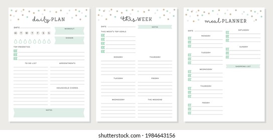 Set of 3 minimalist planners. Daily, weekly, meal planner template. Cute and simple printable to do list. Digital Planner.