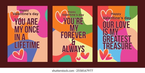 Set of 3 Minimalist Valentine Templates with Abstract Patterns. A set of Valentine’s Day greeting card with sample text, red hearts and abstract backgrounds templates vector illustration. 