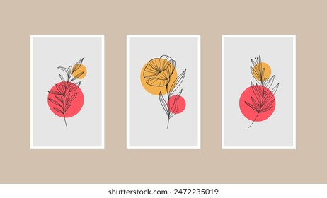 Conjunto de 3 estampados minimalistas en pared. Abstractas estampados geométricos para interiores de estética boho. Impresiones de pared de decoración casera