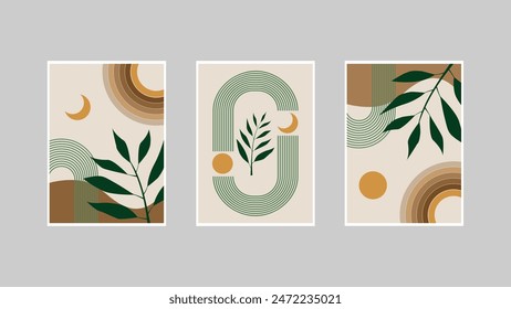 Conjunto de 3 estampados minimalistas en pared. Abstractas estampados geométricos para interiores de estética boho. Impresiones de pared de decoración casera