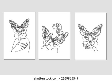 Un conjunto de 3 líneas minimalistas de arte para mujeres imprimidas. Estilo moderno, colores desnudos y estilo de arte moderno. Retratos vectoriales de mujeres con mosca azul. Decoración de belleza, masaje, meditación, cuidados corporales.