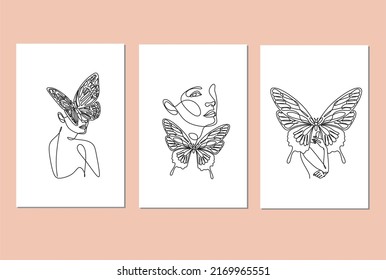 A set of 3 minimalistic line art woman prints. Modern style, nude colors and trendy line art style. Vector portraits of women with utterfly. Beauty brand decoration, massage, meditation, body care.