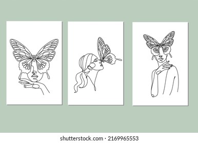 Un conjunto de 3 líneas minimalistas de arte para mujeres imprimidas. Estilo moderno, colores desnudos y estilo de arte moderno. Retratos vectoriales de mujeres con mosca azul. Decoración de belleza, masaje, meditación, cuidados corporales.
