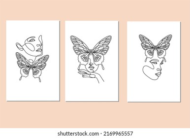 Un conjunto de 3 líneas minimalistas de arte para mujeres imprimidas. Estilo moderno, colores desnudos y estilo de arte moderno. Retratos vectoriales de mujeres con mosca azul. Decoración de belleza, masaje, meditación, cuidados corporales.