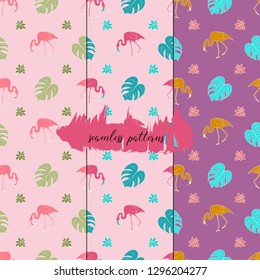 Set of 3 mod exotical seamless patterns with pink flamingo, tropical leaves, fern, and succulents on pink and purple background