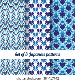 Set of 3 moder Japanese background patterns in blue colors. Vector illustration.