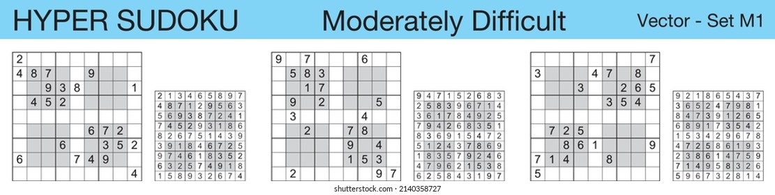 A set of 3 moderately difficult scalable hyper sudoku puzzles suitable for kids, adults and seniors and ready for web use, or to be compiled into a standard or large print paperback activity book.