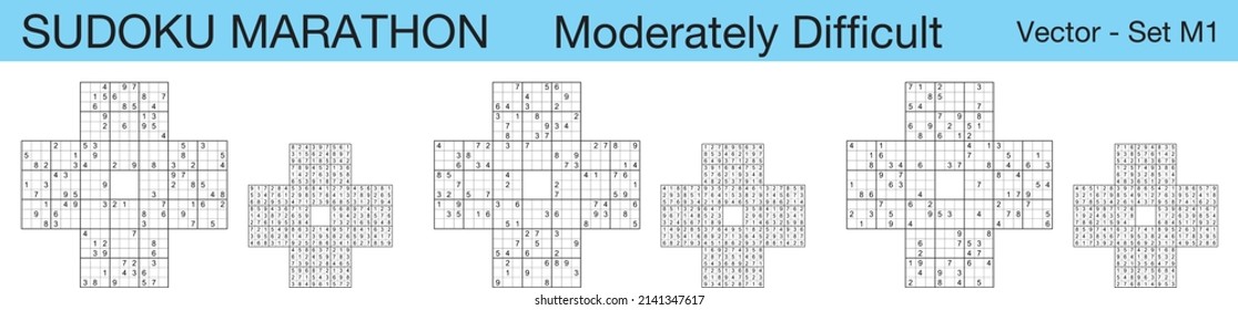 A set of 3 moderately difficult scalable sudoku marathon puzzles suitable for kids, adults and seniors and ready for web use, or to be compiled into a standard or large print paperback activity book.