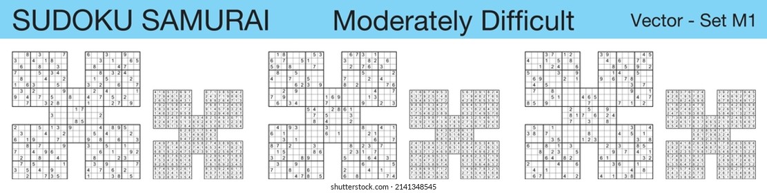 A set of 3 moderately difficult scalable sudoku samurai puzzles suitable for kids, adults and seniors and ready for web use, or to be compiled into a standard or large print paperback activity book.