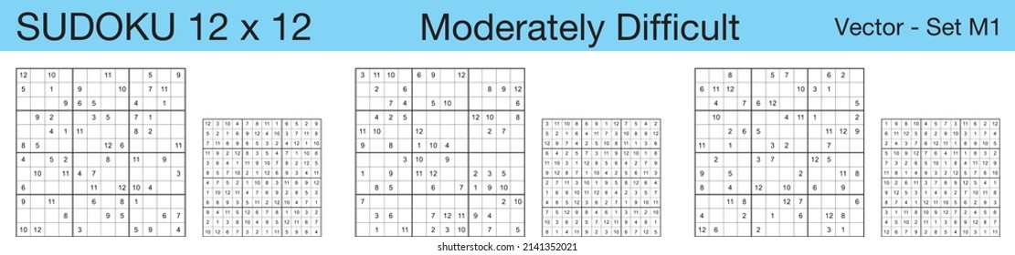 A set of 3 moderately difficult scalable sudoku 12x12 puzzles suitable for kids, adults and seniors and ready for web use, or to be compiled into a standard or large print paperback activity book. svg