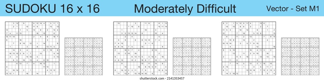 A set of 3 moderately difficult scalable sudoku 16x16 puzzles suitable for kids, adults and seniors and ready for web use, or to be compiled into a standard or large print paperback activity book.