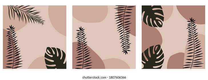 Consta de 3 modernos fondos abstractos con hojas tropicales. Excelente para tarjetas, carteles, afiches.