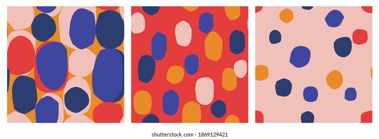 Set of 3 modern abstract seamless patterns. Trendy cut out geometric shapes. Colorful, bold prints.