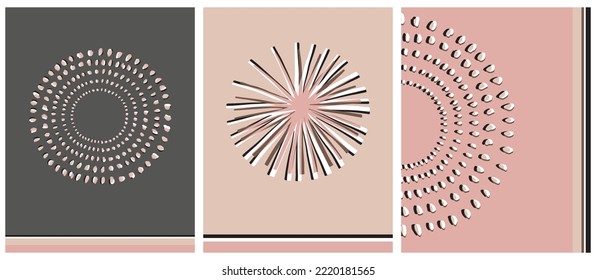 Set of 3 Modern Abstract Vector Illustration with Simple Hand Drawn Circles, Stripes and Star on a Gray, Light Pink and Blush Beige Background. Minimalist Prints ideal for Wall Art, Poster. No Text.