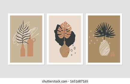 Set of 3 modern aesthetic posters for home decor, invitation, greeting card designs. Abstract vector illustrations with hand drawn design elements, plants, geometric shapes and textures.