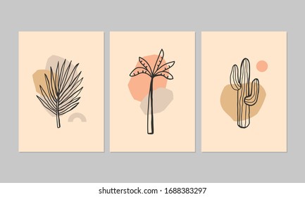 Set of 3 modern aesthetic posters for home decor, invitation, greeting card designs. Abstract minimalist illustrations with hand drawn exotic plants, geometric shapes.