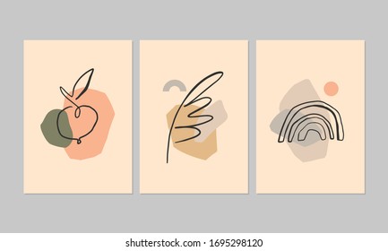 Conjunto de 3 modernos afiches estéticos para decoración casera, invitación, diseños de tarjetas de felicitación. Ilustraciones minimalistas abstractas con elementos de diseño dibujados a mano, plantas, formas geométricas.