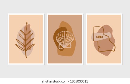 Este conjunto de 3 afiches estéticos modernos para decoración casera, invitación, diseños de tarjetas de felicitación. Resumen de ilustraciones minimalistas con elementos de diseño y formas dibujados a mano.