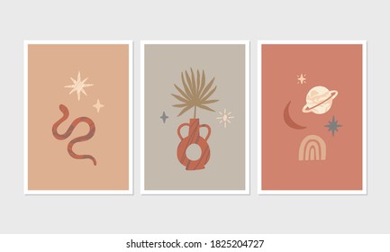 Conjunto de 3 afiches estéticos modernos con elementos de diseño dibujados a mano. Ilustraciones de vector estético universal para la decoración del hogar, invitación, diseño de tarjetas de felicitación.