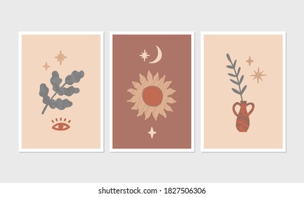 Set of 3 modern aesthetic posters with hand drawn design elements in boho style. Universal vector illustrations  for home decor, invitation, greeting card design.