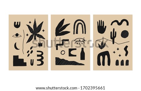 Set of 3 modern aesthetic posters with hand drawn design elements, plants, geometric shapes. Universal aesthetic vector illustrations  for home decor, invitation, greeting card design.
